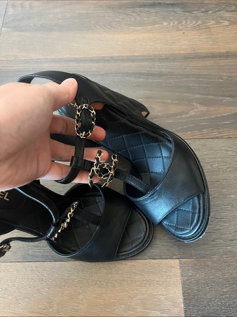 CHANEL Black Leather Chain-Detail Slingback Heels - Picture 6 of 7